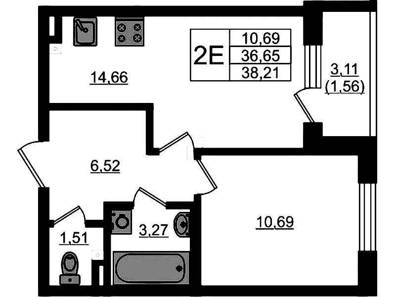 1-комнатная квартира 38.21 м², 2/4 эт., ЖК «Новая история»